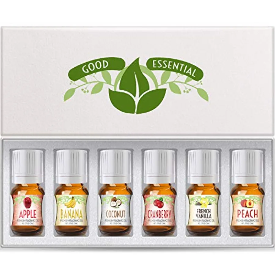Good Essential Fragrance Oils Set, 6-Pack: Banana Oil, Cranberry, Apple, Coconut, French Vanilla, Peach - Aromatherapy and Cand