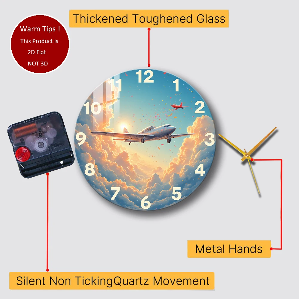 Relógio de parede de vidro temperado avião nuvens sol confete relógio adequado para decoração de parede ou exibição de mesa em qualquer lugar