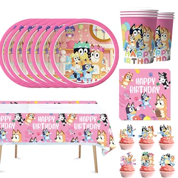 Animazione dei cartoni animati Tema Bluey Forniture per feste di compleanno Stoviglie usa e getta Piatto di carta Tazza di carta Fornitura di decorazioni per baby shower