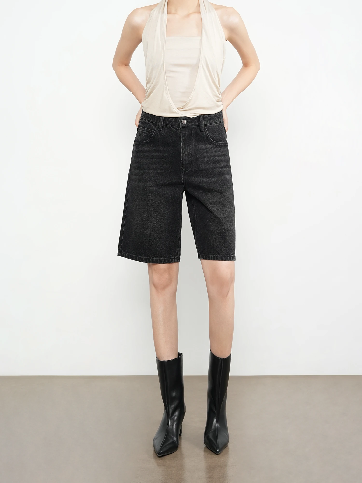 

Retro High Waist Loose Fit Five-Point Jeans Women's Straight Leg Wide Leg Slimming Versatile Mid-Length Casual Cotton Denim