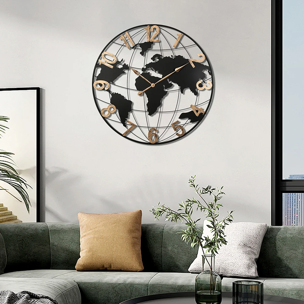36 Inch Large Black Metal Wall Clock, Modern Silent World Map Wall Clock with Vintage Gold Arabic Numeral, Decorative