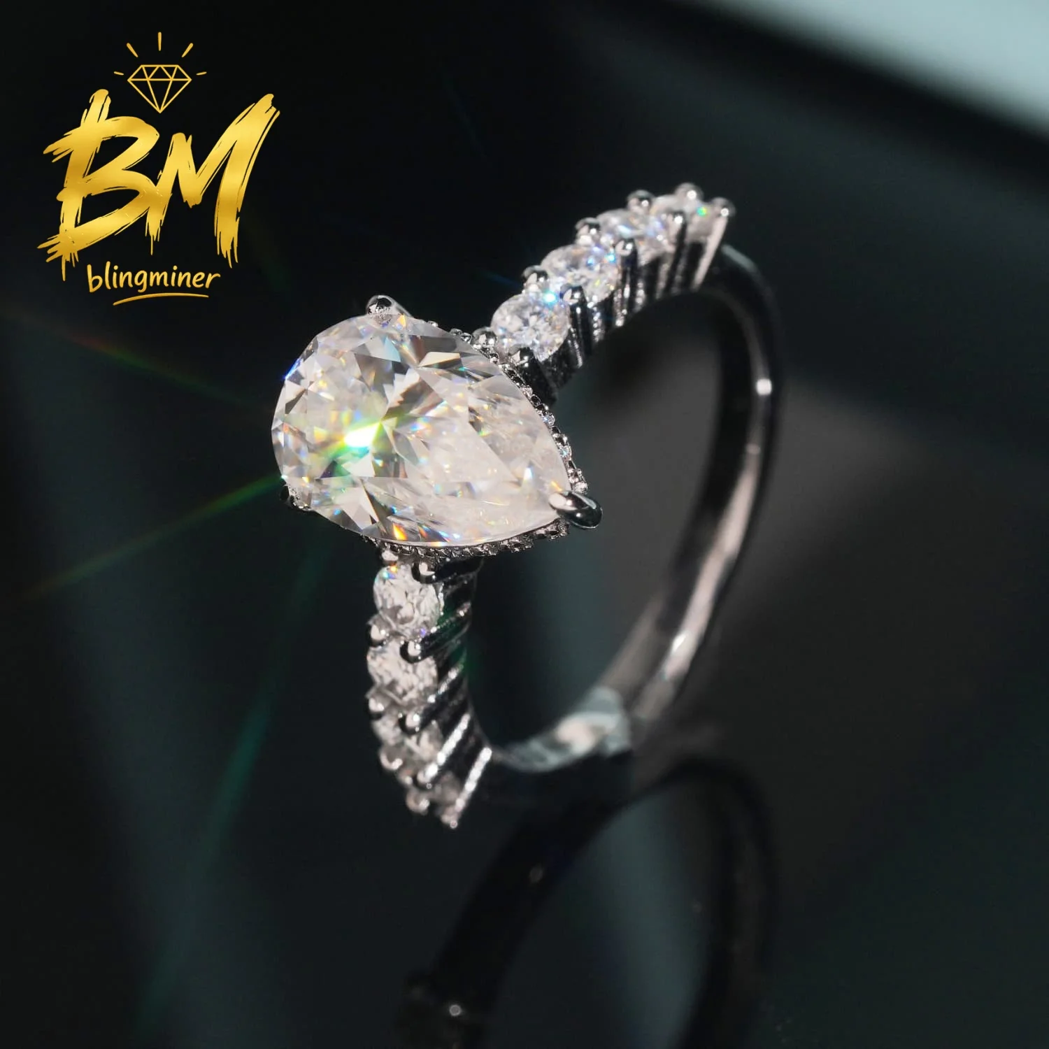 Blingminer Pear Cut 7*11mm 3ct VVS Moissanite Rings Engagement Wedding Women S925 Silver Finger Jewelry Pass Diamonds GRA