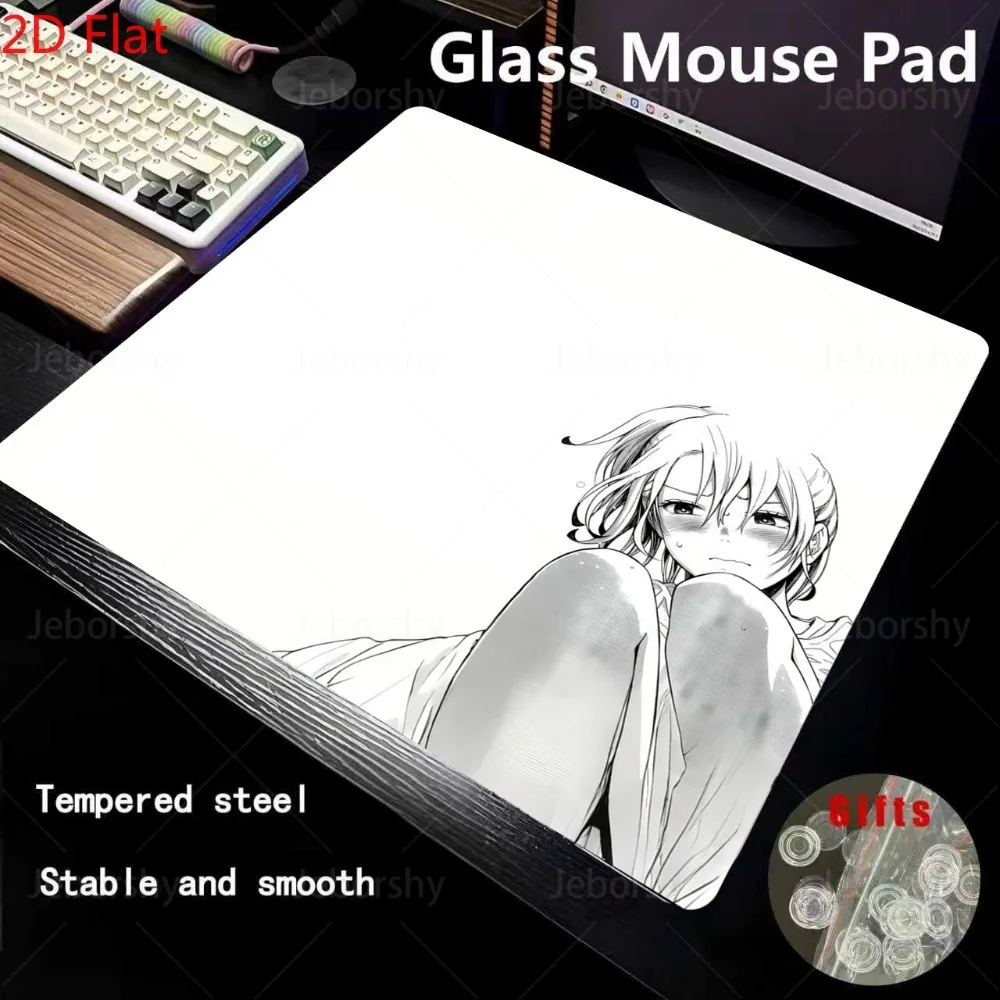 Black White Anime Girl Sketch Tempered Glass Gaming Mouse Pad