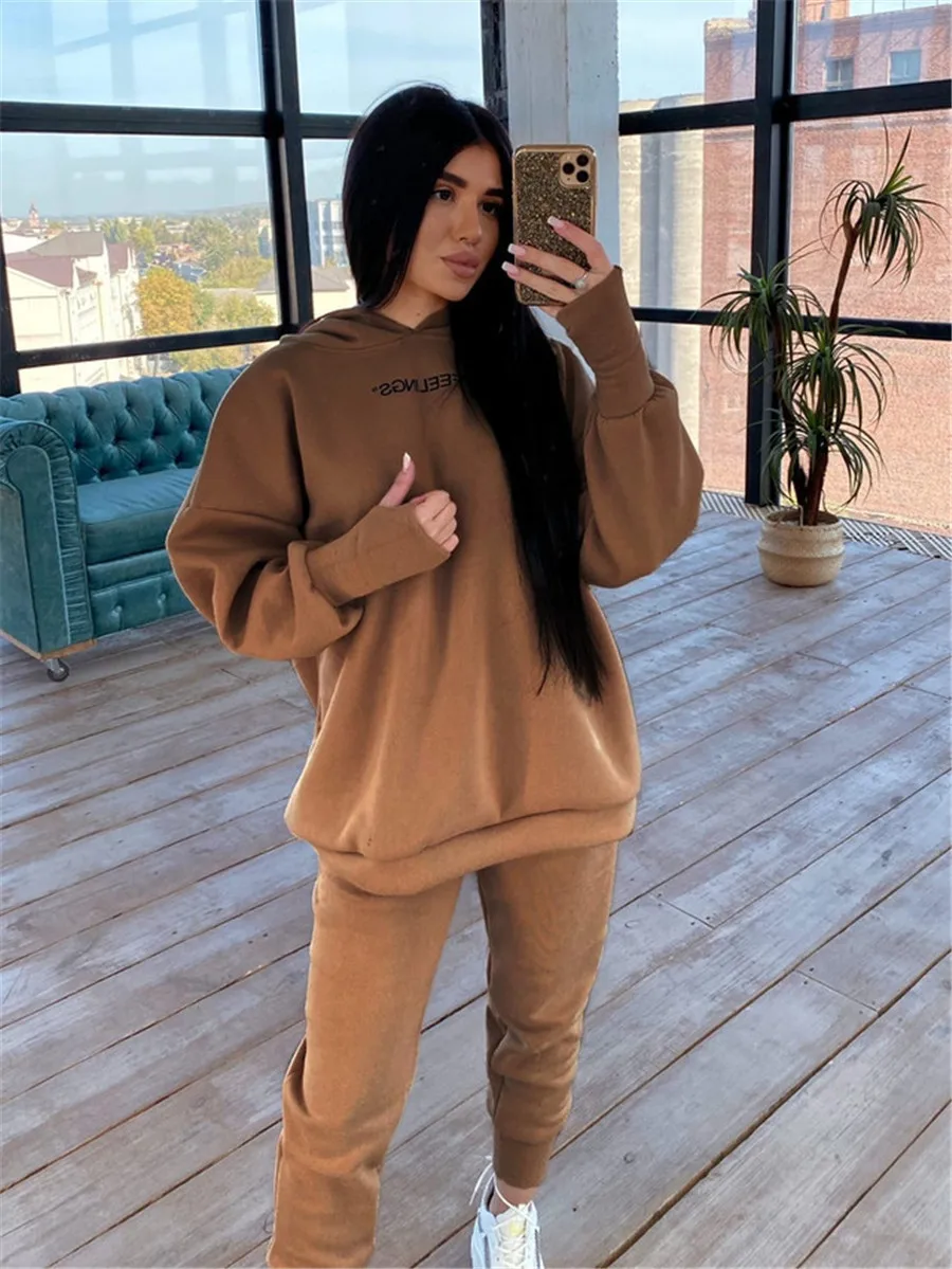 2022 Women\'s Two Piece Sets Tracksuit Autumn Casual Solid Long Sleeve Hoodie Sweatshirts Female Fashion Oversized Trouser Suits