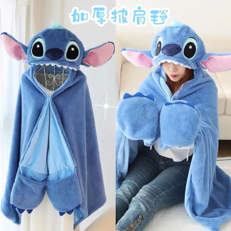 Stitch Disney Blanket Kawaii Keep Warm Hooded Cloak Cute Lilo & Stitch Picnic Blanket Cartoon Child Blankets for Beds Gift