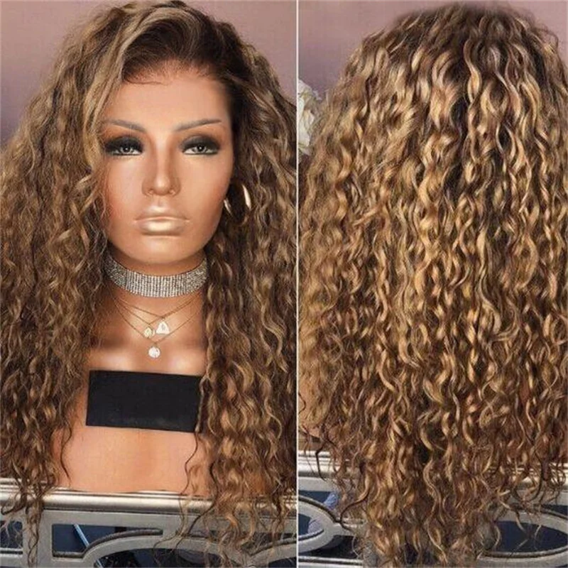 

Ombre Blond Soft Glueless 180Density Kinky Curly 26Inch Lace Front Wig For Black Women BabyHair Heat Resistant Preplucked Daily