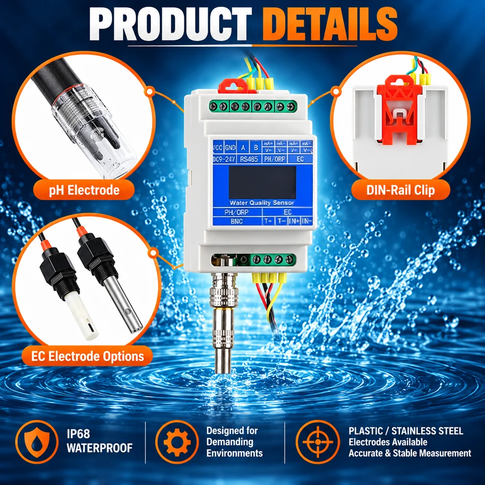 Water Quality Sensor Module PH EC Temperature Salinity TDS 5-in-1 with Display 0-20000uS/cm RS485 4-20mA Monitoring Transmitter