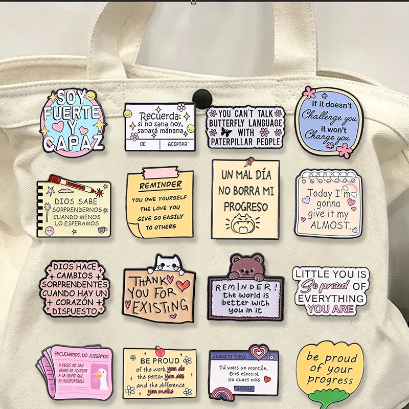 21Style Convenient Quotes Positive Affirmation Enamel Pins Spanish English Quotes 