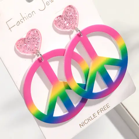 Fashion Rainbow Geometric Acrylic Drop Earrings for Unisex Women Retro Peace Sign Symbol Dangle Earring Creative Jewelry Gifts