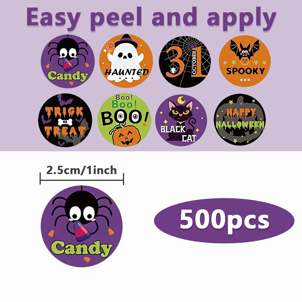 500Pcs/roll Halloween Sticker Rolls, Halloween Round Pumpkin Ghost stickers, Spider Bat Cat Stickers for Party Decoration