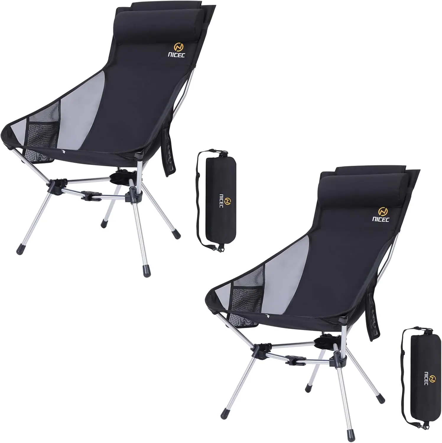 

Ultralight High Back Folding Camping Chair, Collapsible Backpacking Chair with Side Pockets, Pillow & Carry Bag (Set of 2 Black)