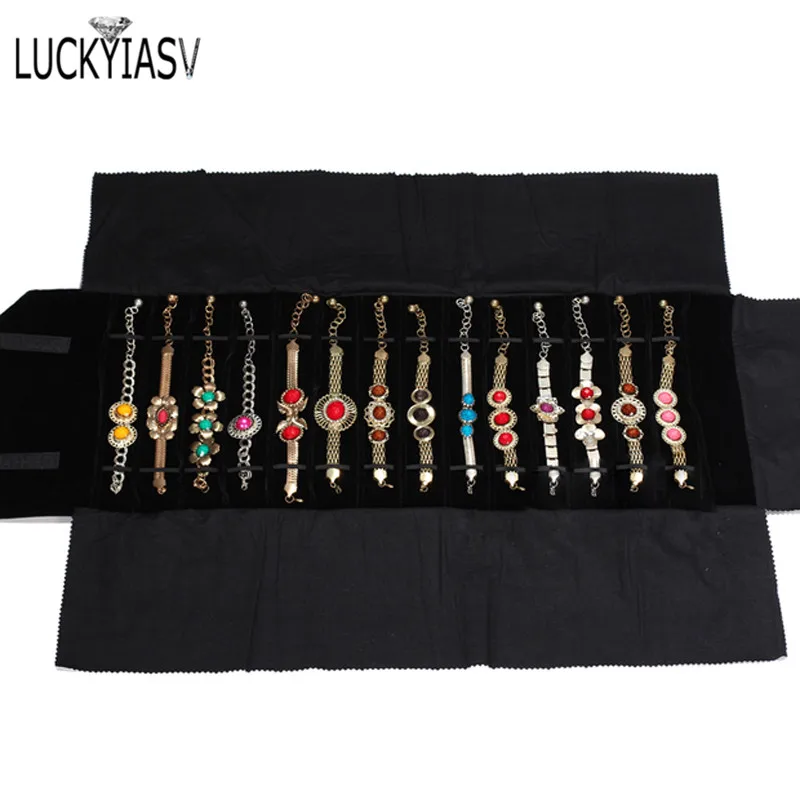 Wholesale Jewelry Roll Bag Portable Carring Case Black Velvet Organizer Multi Functional Necklace Rings Earrings Storage Box