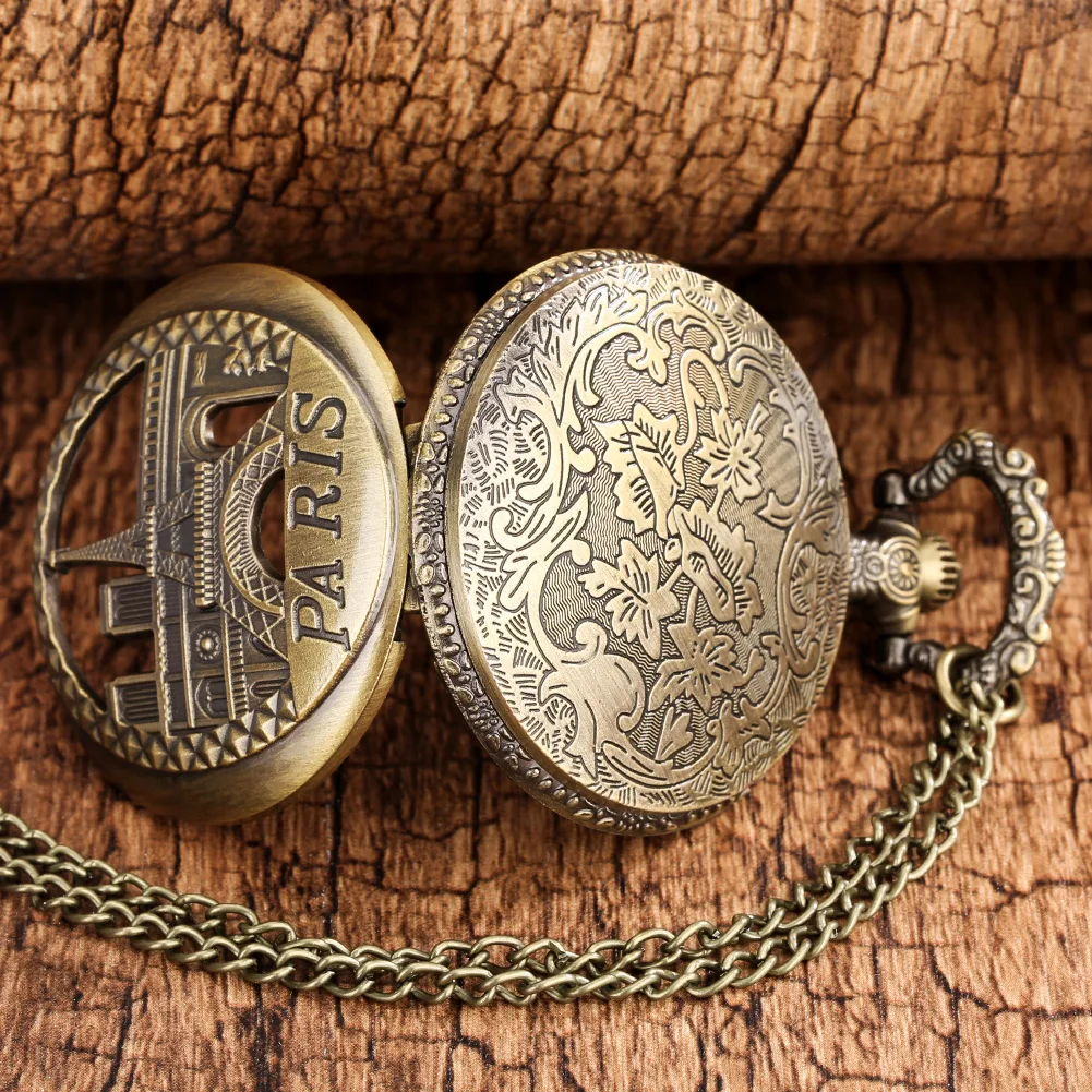 Antique Hollow Louvre Eiffel Tower Quartz Pocket Watch Retro Steampunk Pendant Fob Watch Necklace Clock Chain Collectibles Gift