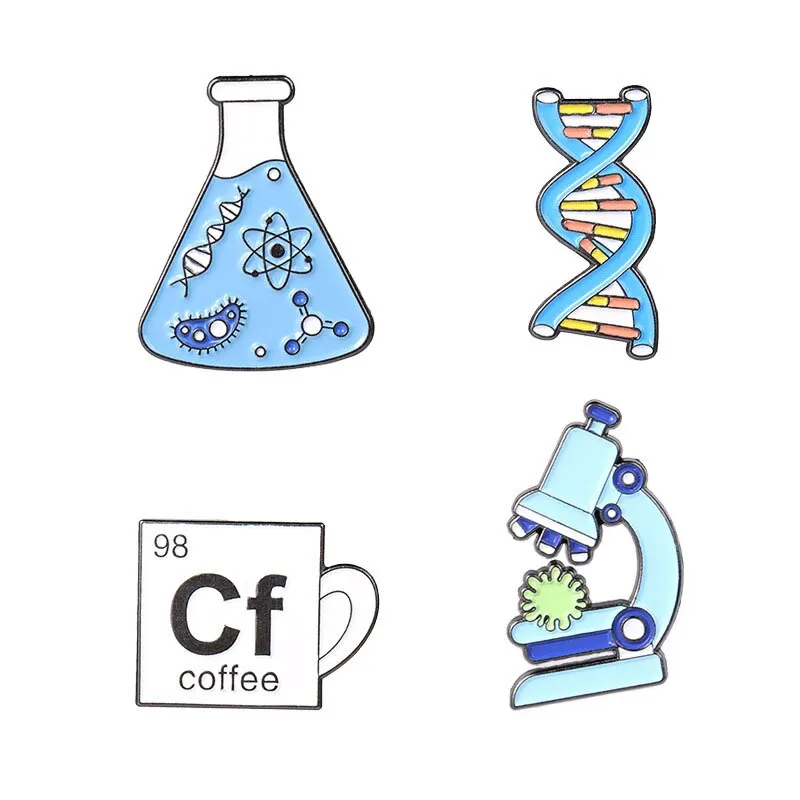 4pcs 과학 에나멜 핀 현미경 비커 화학 분자 DNA 생물학적 실험 도구 금속 브로치 배지 배낭