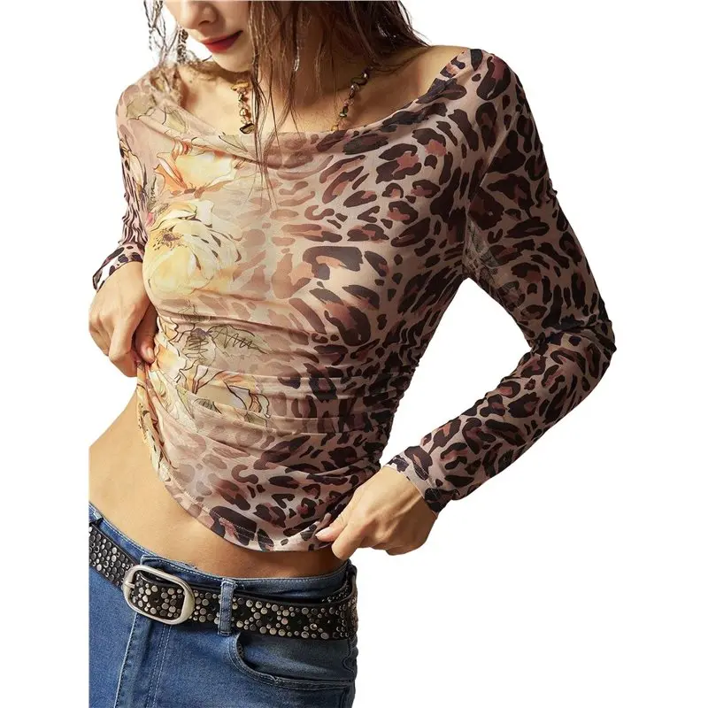 AT33 Damen-Oberteile mit Blumenmuster, schulterfrei, langärmelig, Herbst-Mesh, gerüscht, tailliert, trendige Ausgeh-Hemden, Blusen