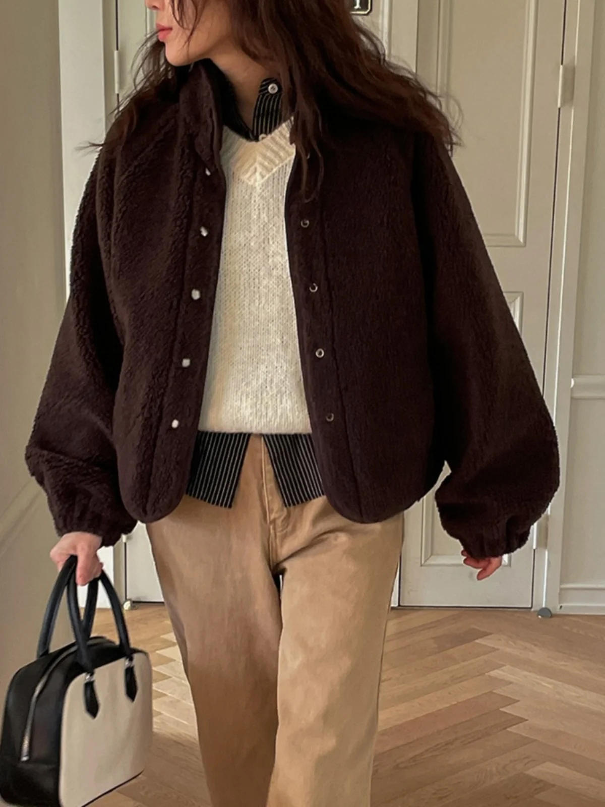 Lamb Fur Jacket Women's Loose Fit Stand Collar Single Button Casual Warm Coat Vintage Style Commute Fashion Spring 2025