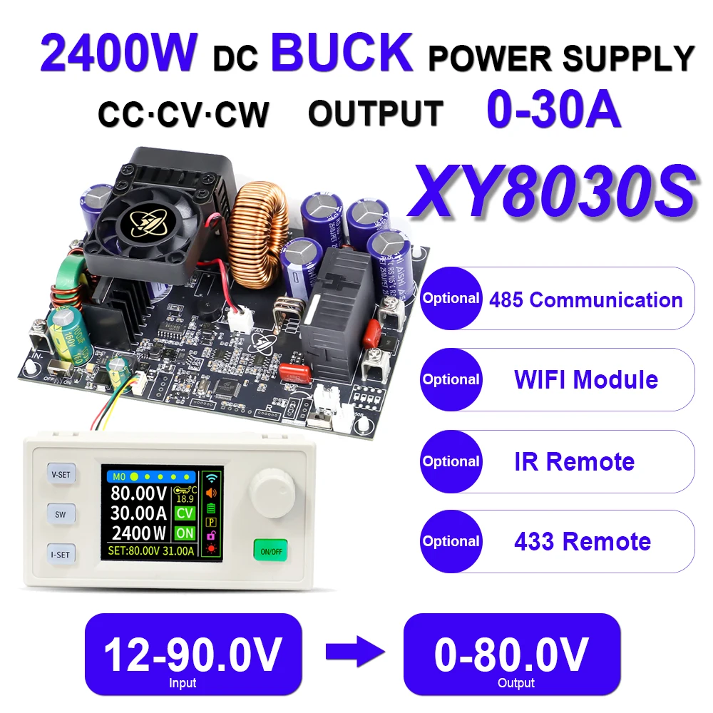 XY8030S 2400W 30A Buck DC Digitales Netzteil Einstellbarer Abwärtswandler MPPT-Aufladung 12-90V bis 0-80V WIFI 485 IR 433 Set