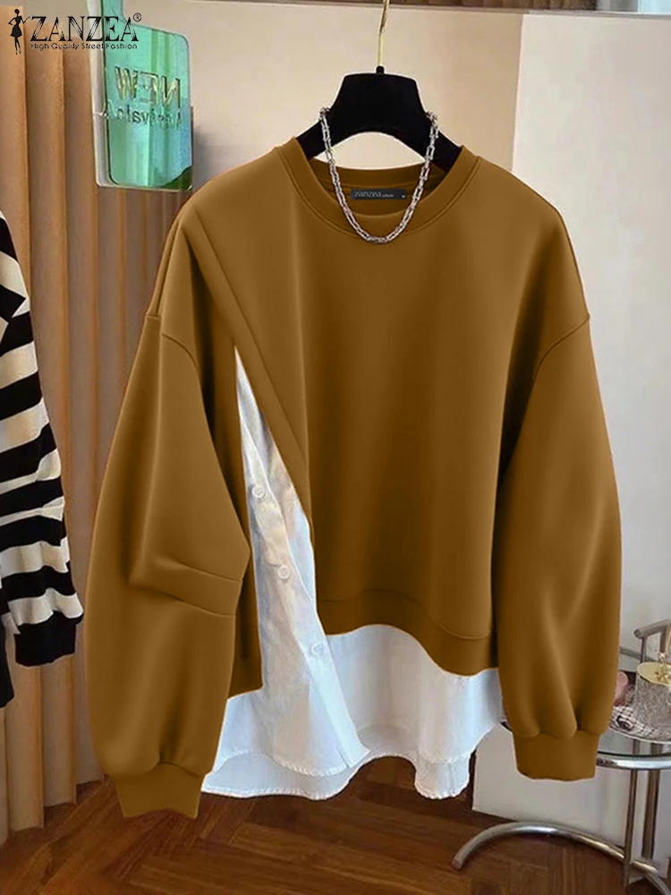 ZANZEA Mode Vrouwen Sweatshirts 2025 Herfst Patchwork Trui Casual O Hals Lange Mouw Tops Hoodies Nep 2 Stuks Sweatshirt