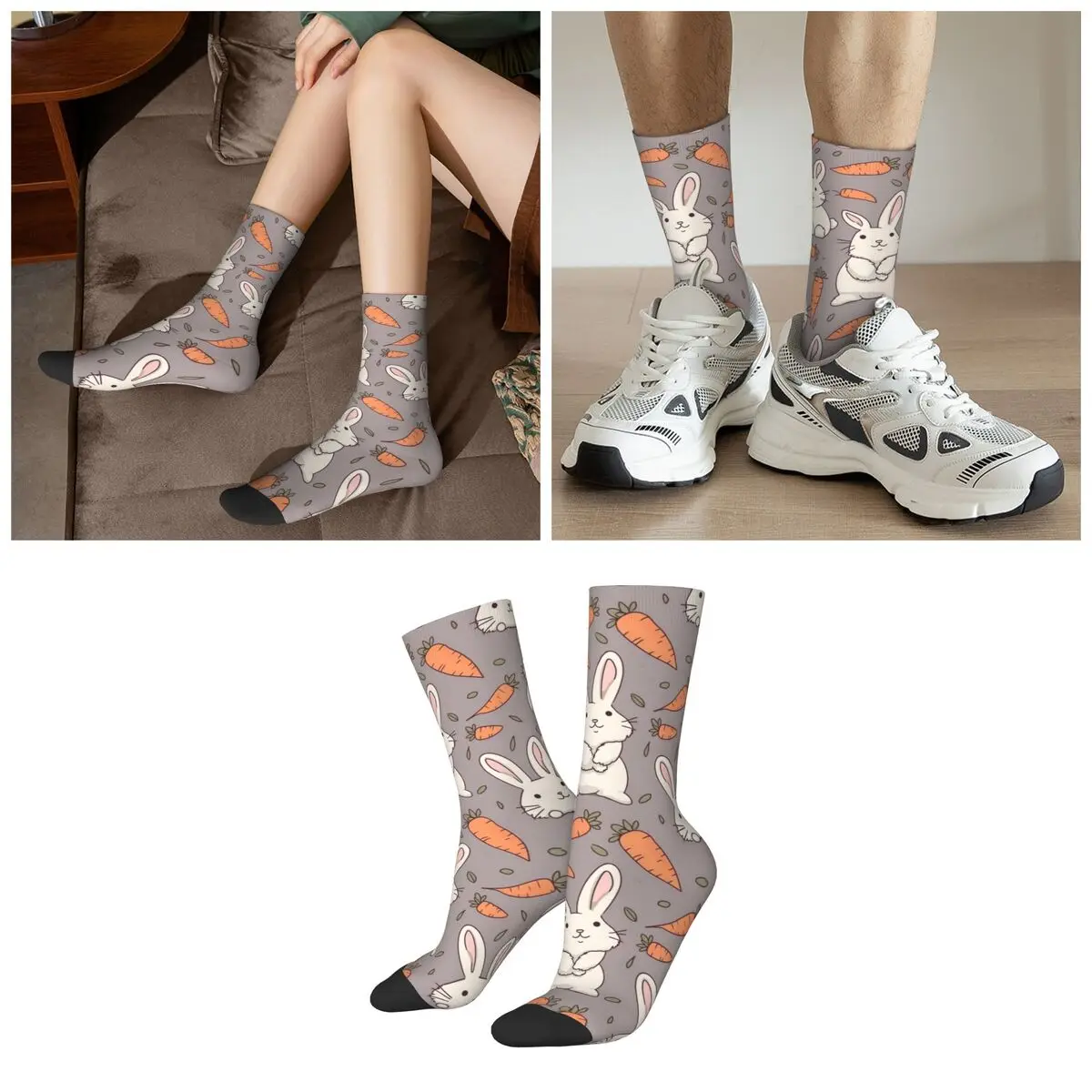 Cute White Bunny With A Carrot Design Socks Harajuku Super Soft Stockings All Season Long Socks for Unisex Valentine's Day Gifts