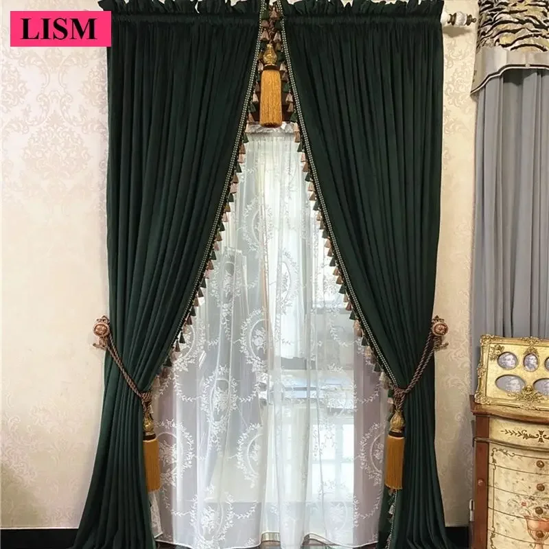 

American Retro Curtains for Living Room Bedroom Dark Green Thick Blackout French Velvet Decor Custom Elegant Window White Tulle