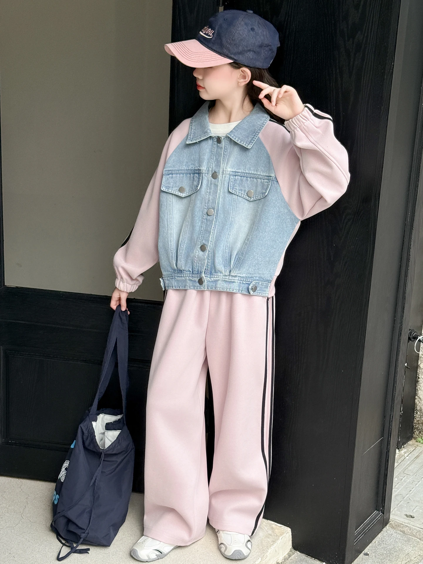 Girls' Casual Denim Two-Piece Set Spring Autumn 2026 New Splicing Open Cardigan Jacket Junior High School Students' Autumn Cl...