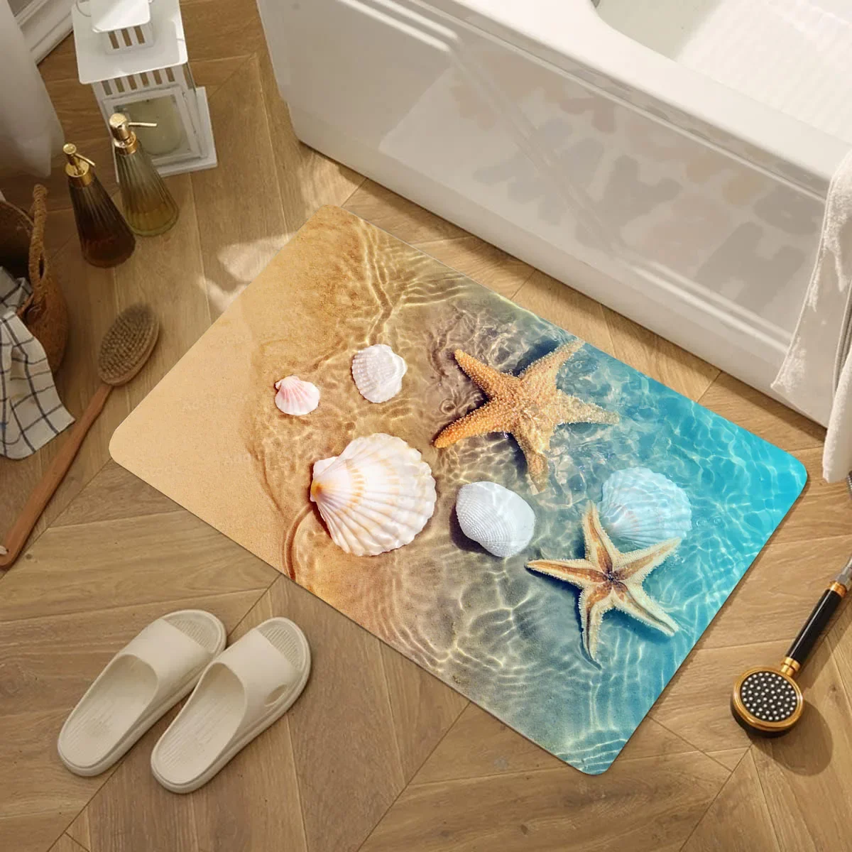 Beach Starfish Shells Seaside Scenery Design Bathmat Shower Mat Non-silp Flannel Floorpad for Home Decorative Accessories Carpet