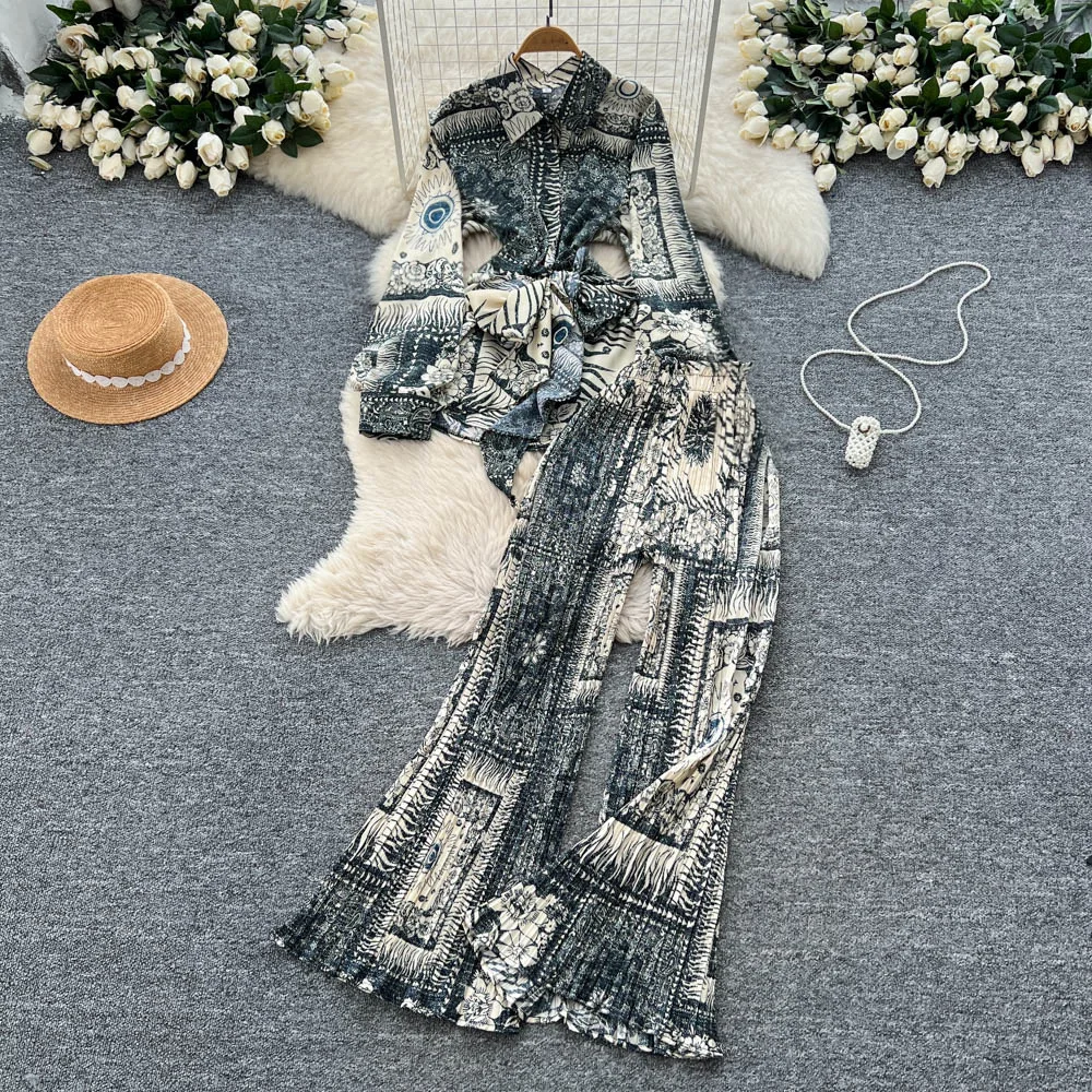 

Women Two Pieces Pant Sets Print Matching Sets Lace Up Turn Down Collar Top Pleated Empire Elastic Waist Pant Loose 2025 Summer