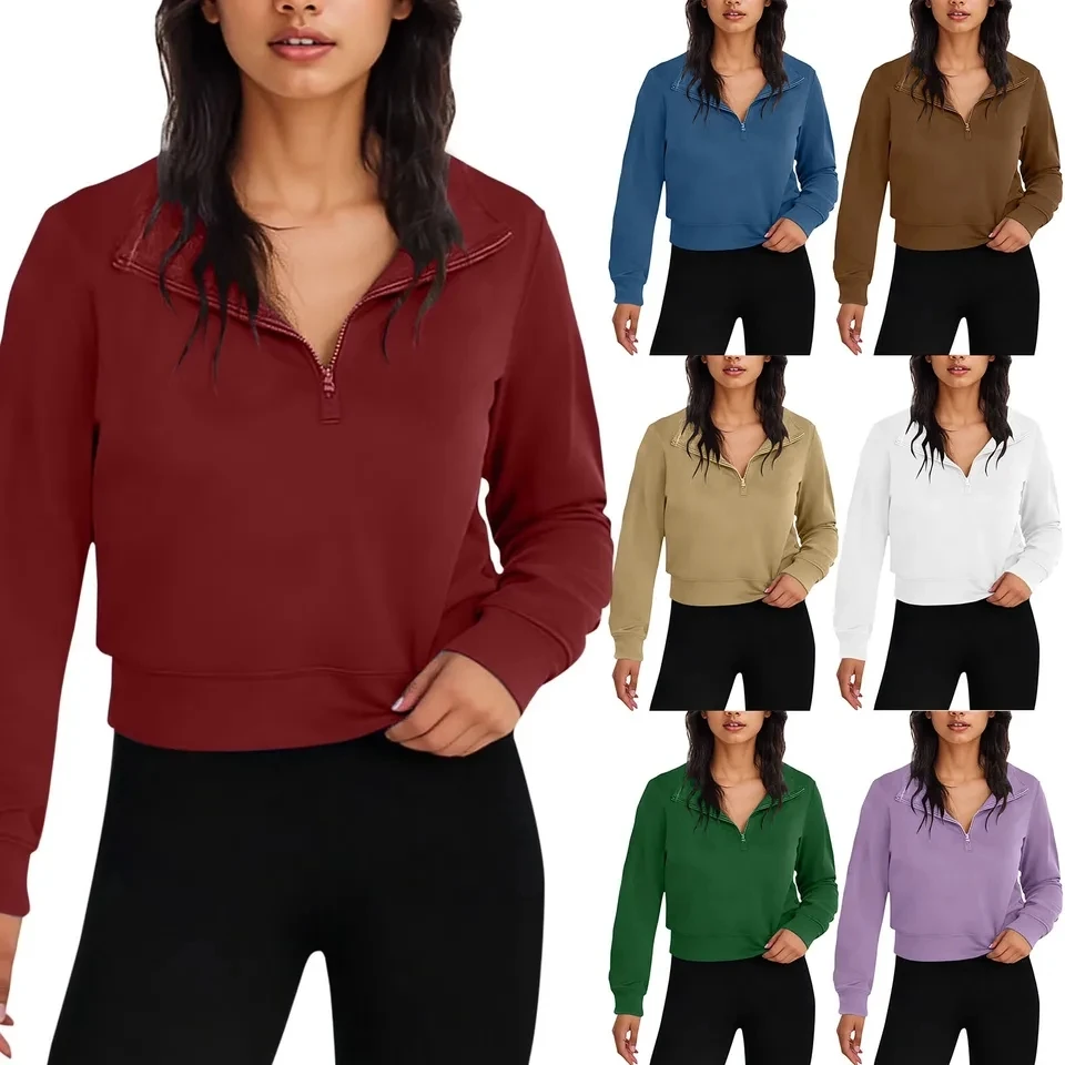 

New Spring Autumn Stand Collar Hoodie Women's Long Sleeve Half Zip Pullover Solid Color Cropped Tops Daily Casual Sweatshirt