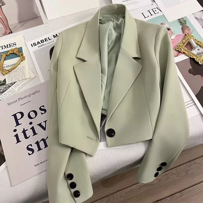 EVNISI Autumn Woman Cropped Blazers Trend All-match Notched Collar Crop Jacket Female Korean Chic Buttons Up Suit Coat 2024 New