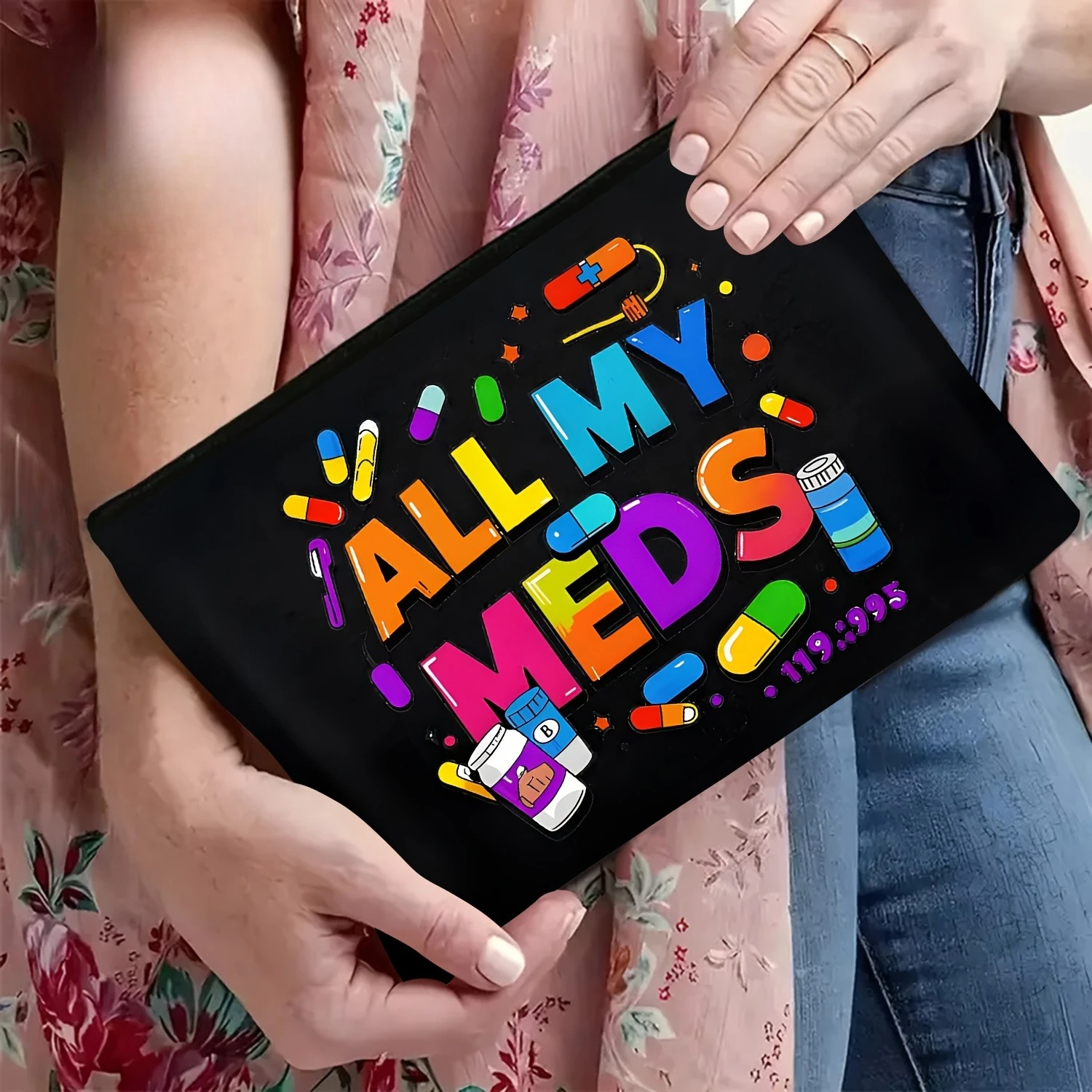 ALL MY MEDS Design Multifunctional Travel Cosmetic & Snack Organizer Pouch - Durable Polyester Zipper Closure,Compact Storage