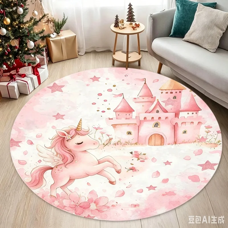 Newest 2D Round Carpet Pink Unicorn Castle Star Watercolor Round Rug Non Slip Bedroom Play Carpet
