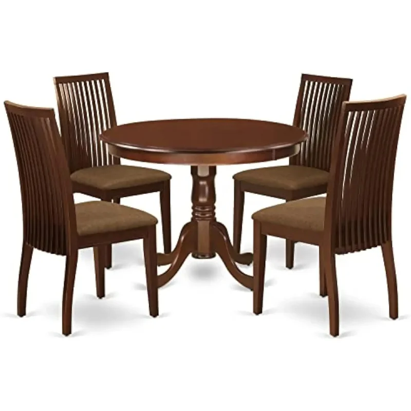 

Round Dining Table with Pedestal and 4 Linen Fabric Chairs for Kitchen and Dining Room Set