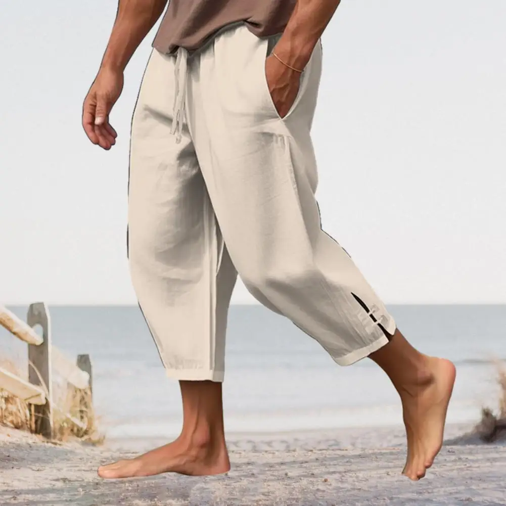 Beach Slits Trousers Men\'s Drawstring Cropped Pants with Elastic Waist Deep Crotch Soft Breathable Summer Trousers for Beach