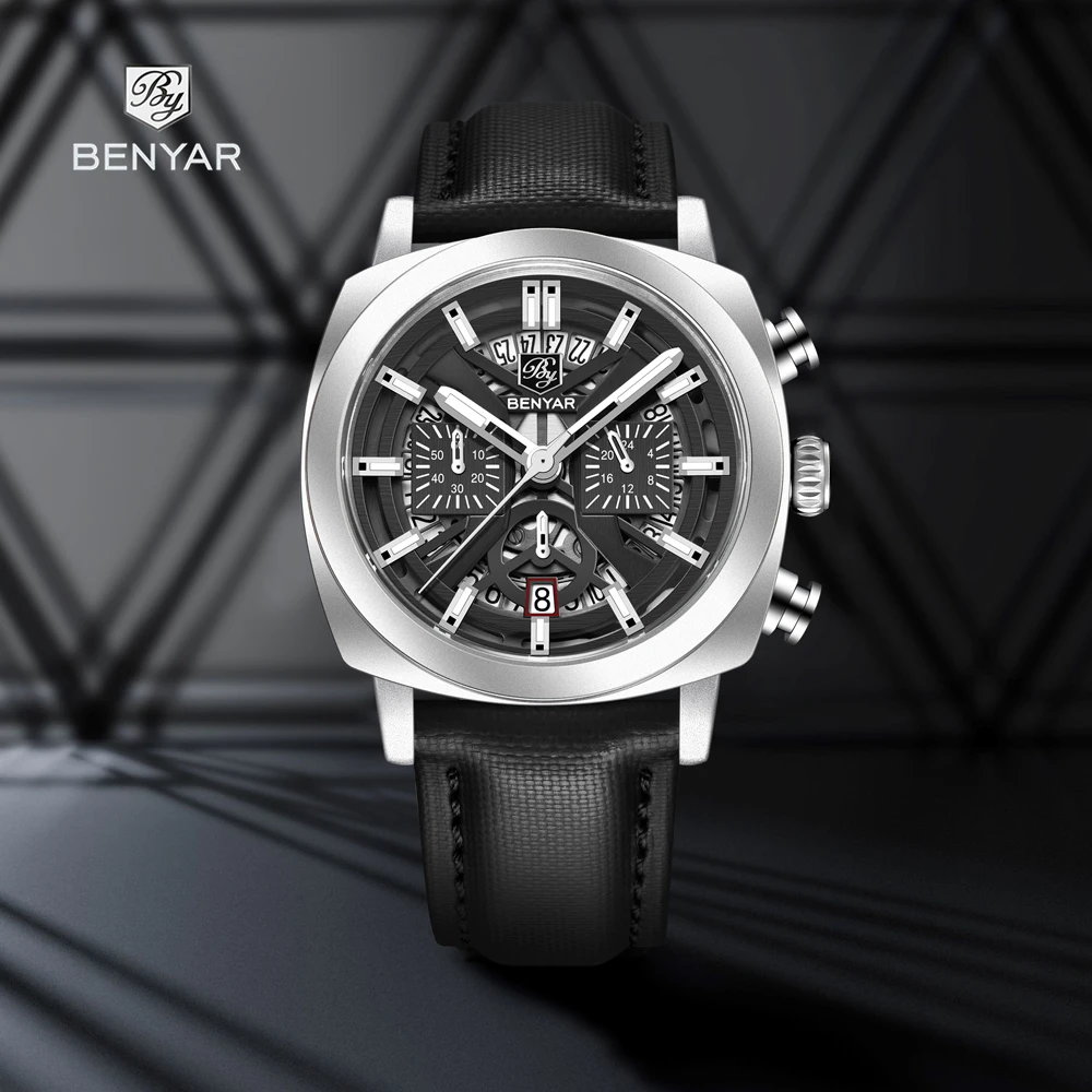 2025 New BENYAR Men's Watches Top Luxury Quartz Watch For Man Hollow Wristwatches Luminous Waterproof Sports Clock Gift Leather