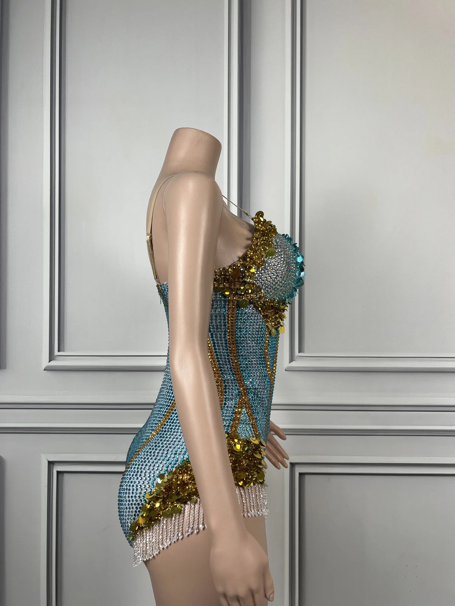 Meimeigaoduan Sexy Spaghetti Strap Bodysuit Turquoise Gold Rhinestone Sequins With Bead Fringe For Singer Nightclub Stage Show