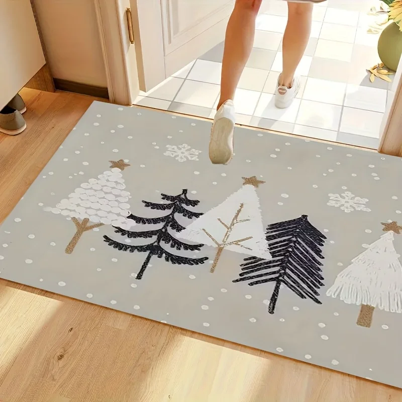 Christmas Flannel Door Mat Minimalist Xmas Tree Snowflake Print Non‑Slip Floor Rug for Indoor Winter Holiday Home Entrance Decor