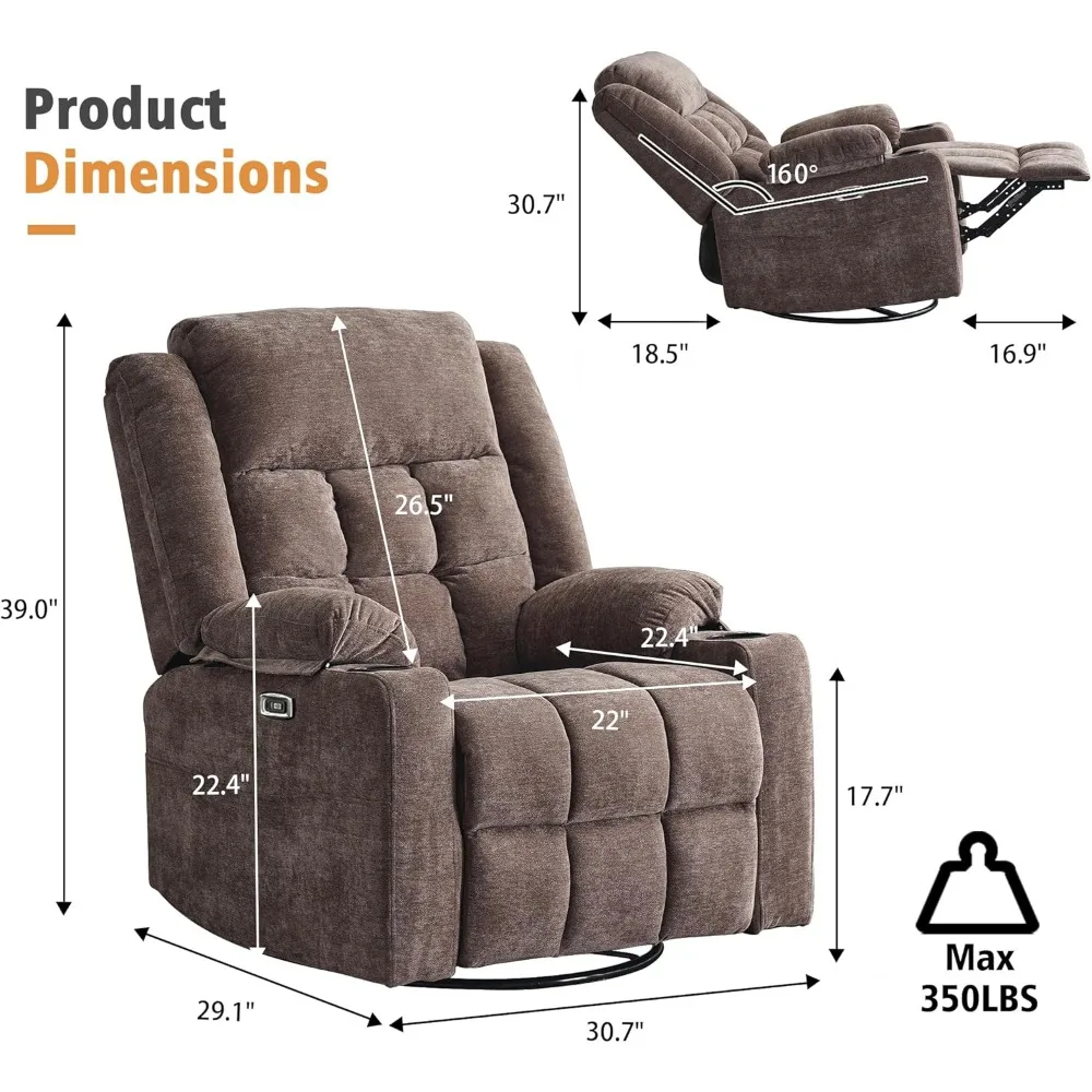 Power Swivel Rocker Recliner Chair for Adults with Massage and Heat,USB and Type-C Ports,Electric Glider Reclining,Electric Sofa