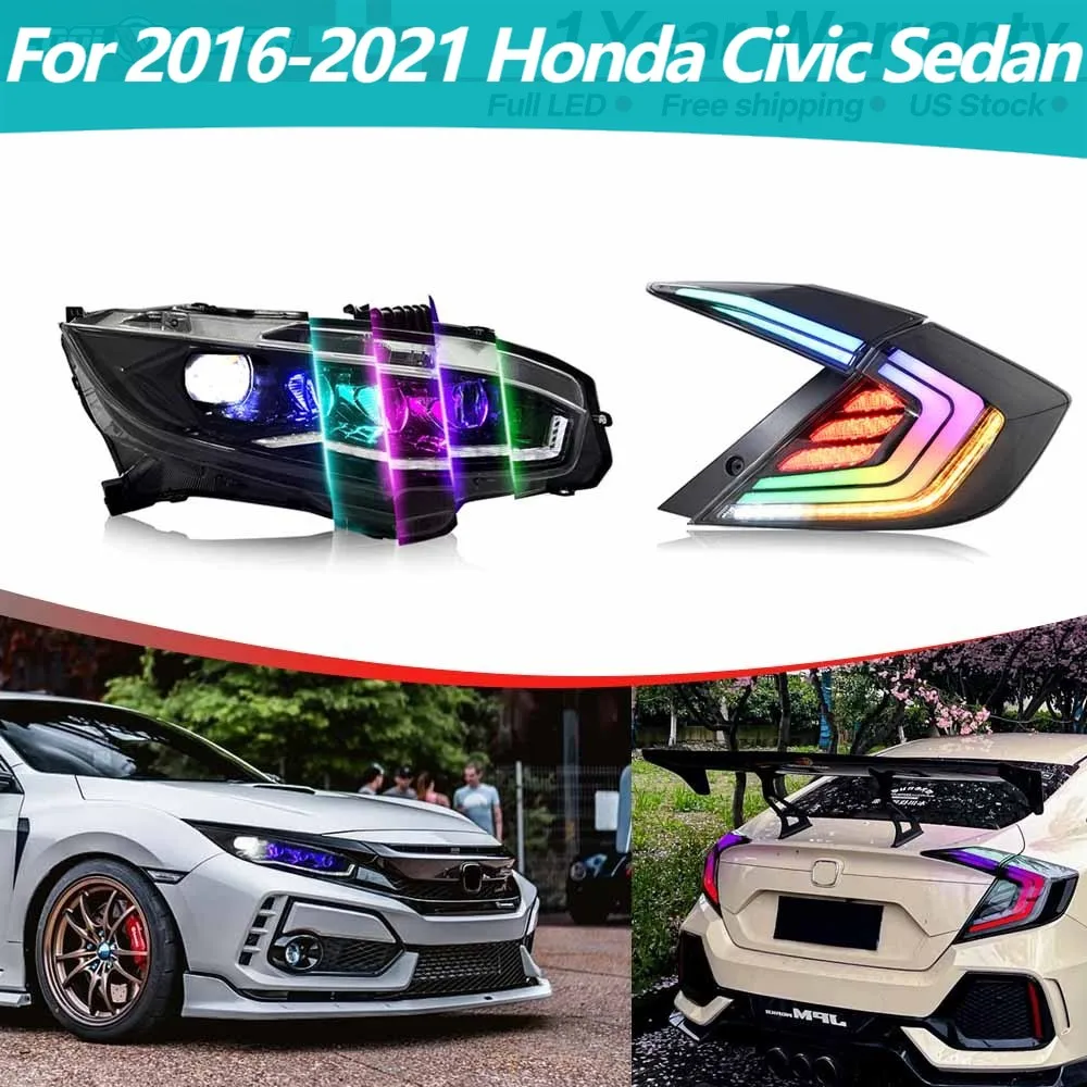 

For 2016-2021 Honda Civic Sedan FULL LED Headlights Tail Lights Front + Rear 4X