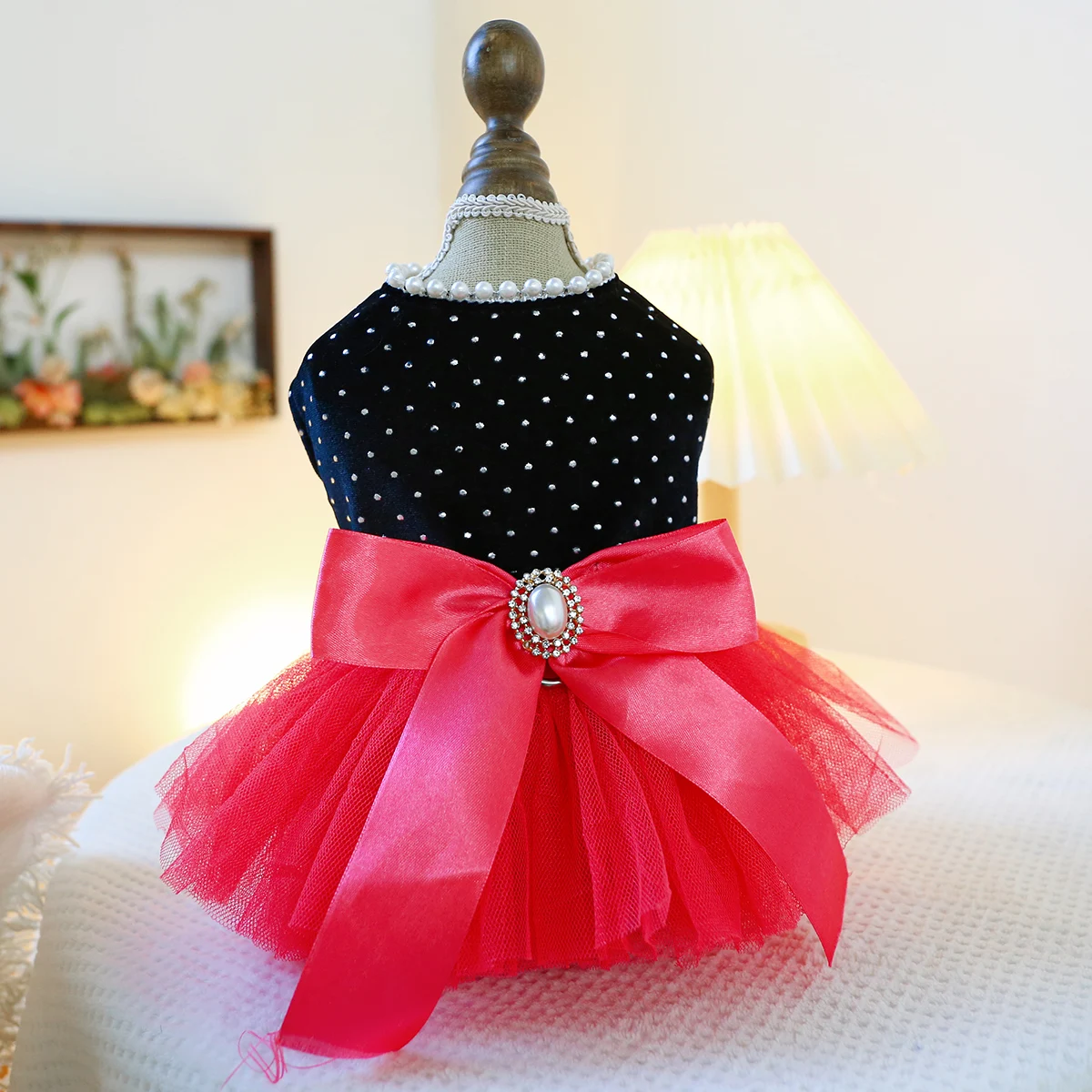 1PC Pet Clothing Cat Spring/Summer Black Bow Red Princess Dress Traction Buckle Suitable for Small and Medium sized Dogs