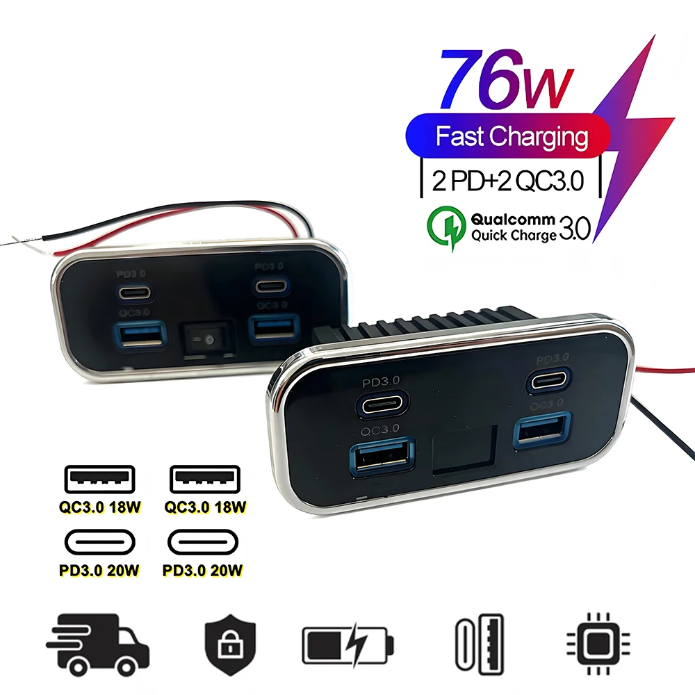 4-Port 12V RV USB Outlet 76W Dual PD3.0 & QC3.0 Car Fast Charging Socket with Switch,Voltmeter for Motorcycle Bus Boat Bus ATV