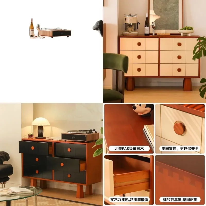 for Medieval Style Color Matching Solid Wood Six Drawer Cabinet Living Room Retro Wall Mounted Locker Bedroom Creative Side
