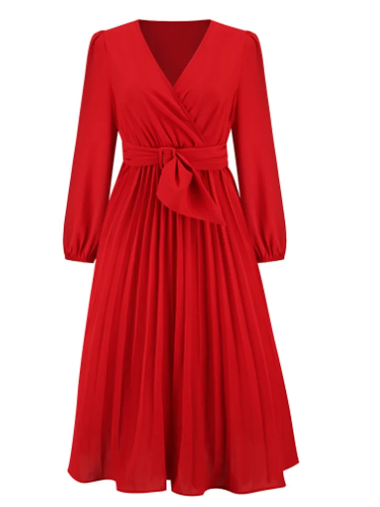 Plus Size Sexy V-Neck Pleated Party Dress Women Elegant with Belt Long Sleeve Robe Femme European and American Maxi Red Vestido