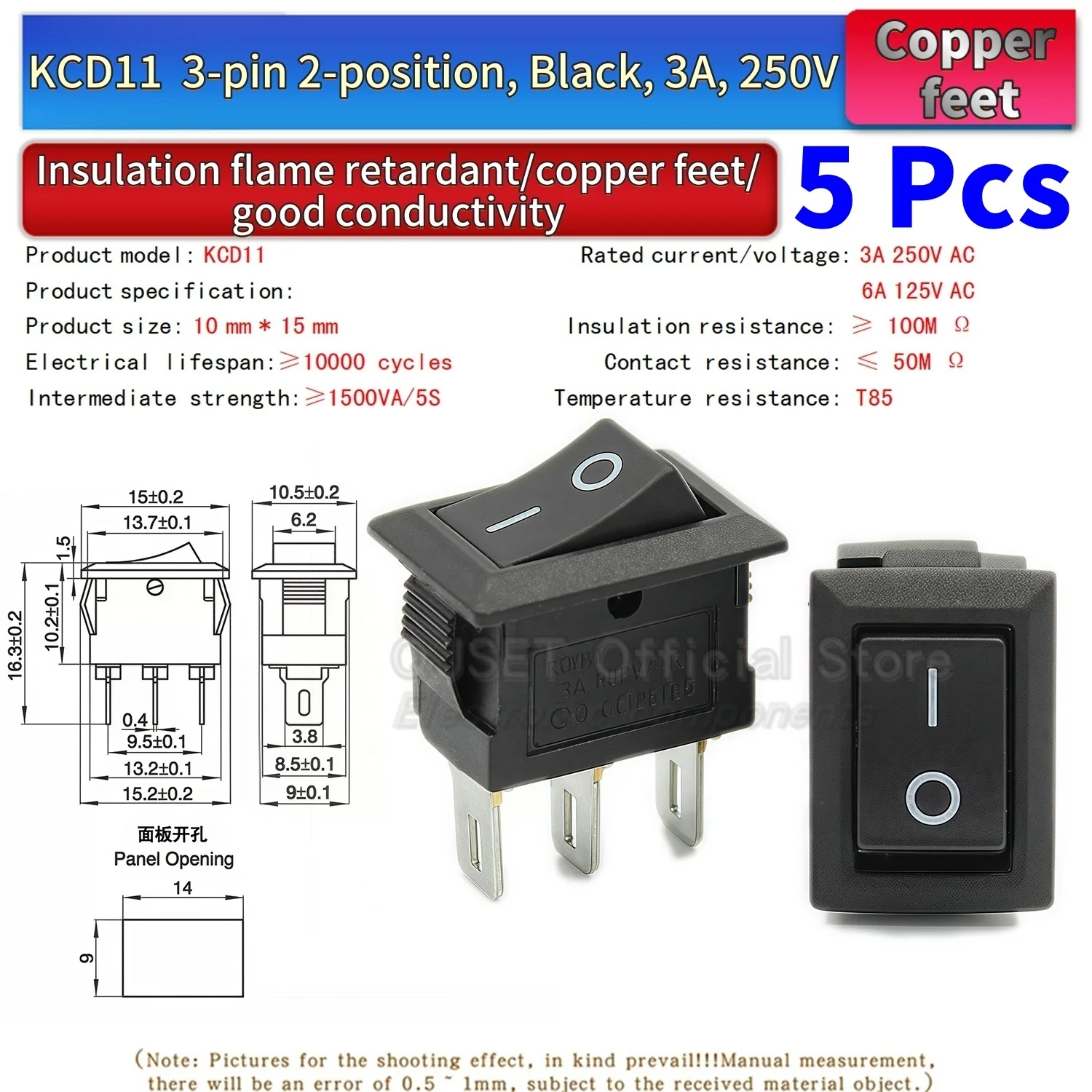 5 Stück KCD11 Wippschalter 10*15mm Mini-Druckknopfschalter Rot Schwarz EIN/AUS 2-polig/3-polig 2-Positionen 3A 250VAC/6A 125VAC 10x15mm – Detail 9