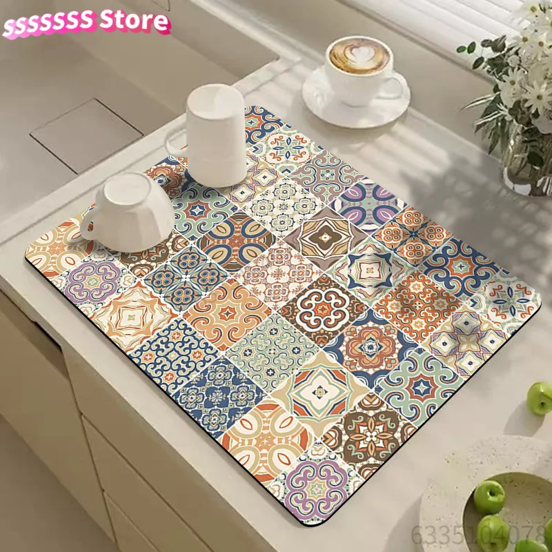 Drying Mat for Tableware, Bohemian Patterned Draining Mat, Coffee Machine Mat, Kitchen Table Additions for Coffee Machines, Styl