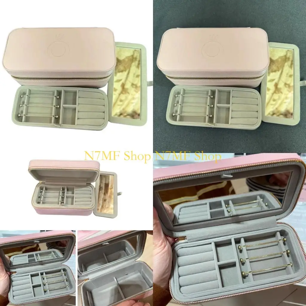 صندوق تخزين المجوهرات الوردي المحمول N7MF حامل مجوهرات وردي متطور مع مقصورات متعددة وجزء داخلي من القماش اللطيف #1