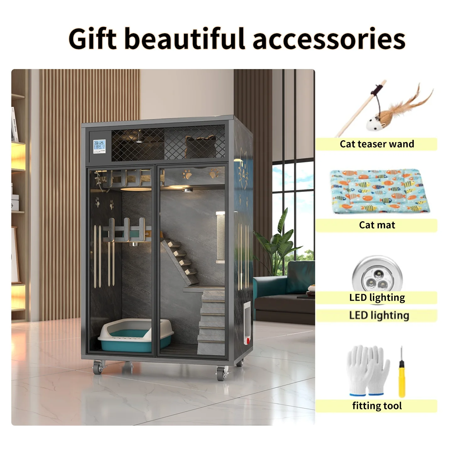 Large Solid Wood Breathable Indoor Outdoor Cat Villa Convenient Access Door Animal Pattern Pet Furniture