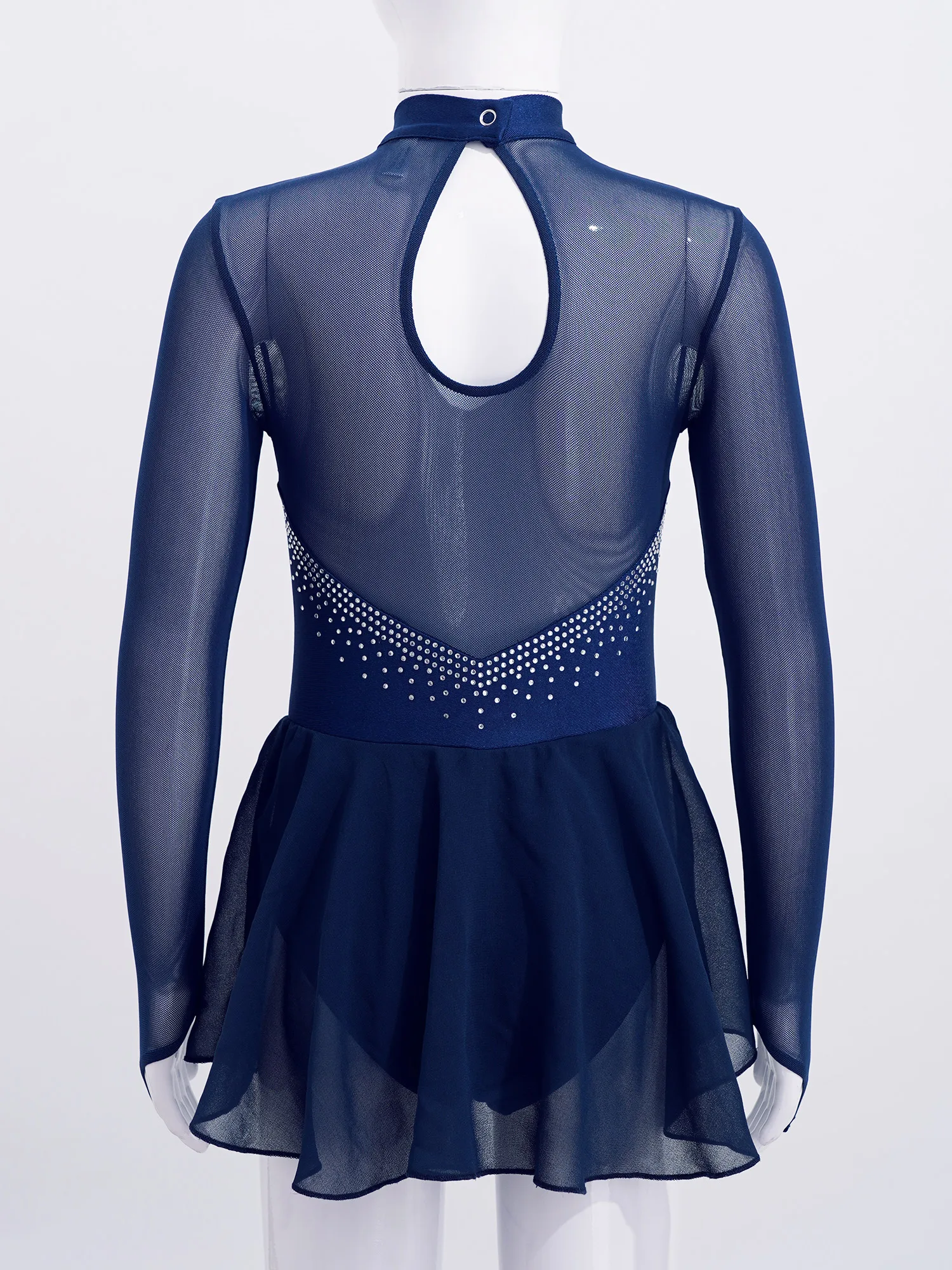 Vestido de patinaje artístico para niñas, traje de gimnasia de Ballet de danza lírica moderna, tutú de leotardo de malla transparente de manga larga con diamantes de imitación