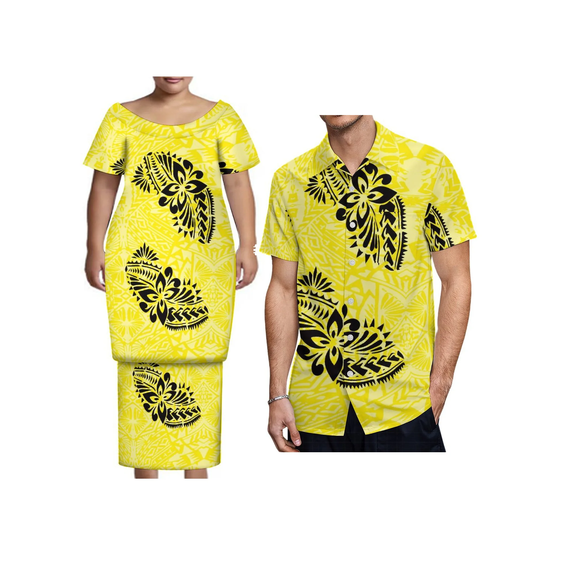 Nieuwe Tonga Polynesische Jurk Met Korte Mouwen Big Size Vrouwen Knop Puletasi Jurk En Aloha Mannen Shirt Match Paar Kleding Tweedelige