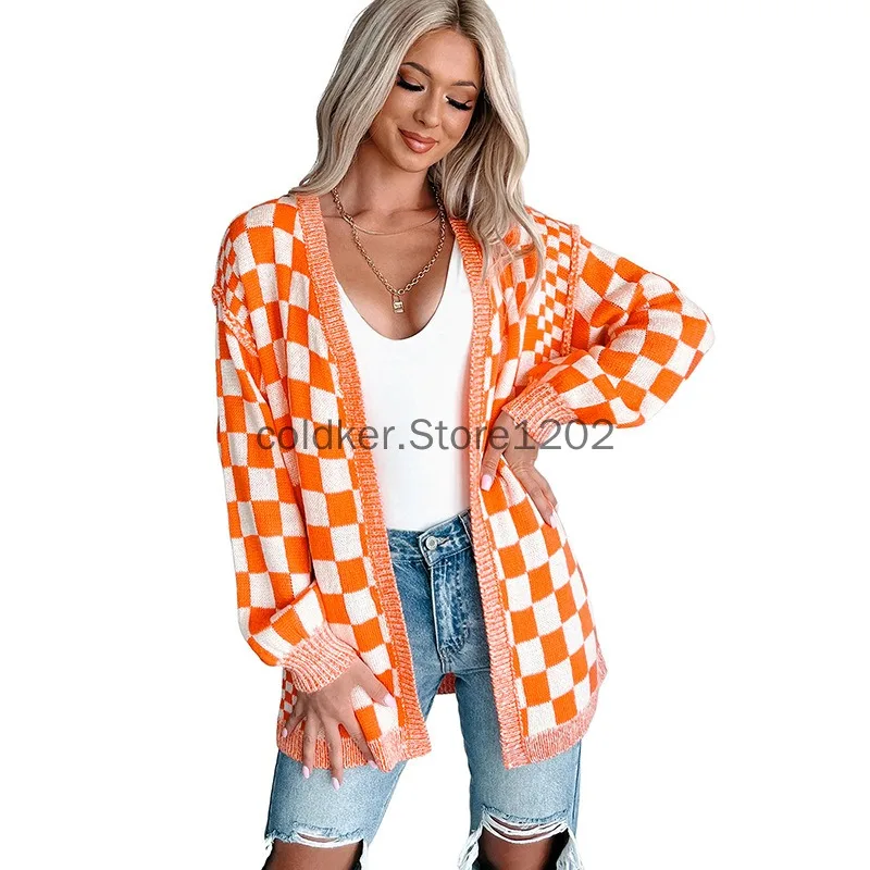 

Casual Cardigan Sweater for Women Fall 2025 Long Sleeve Open Front Chunky Knit Sweaters Checkered Outwear Open Front Coats