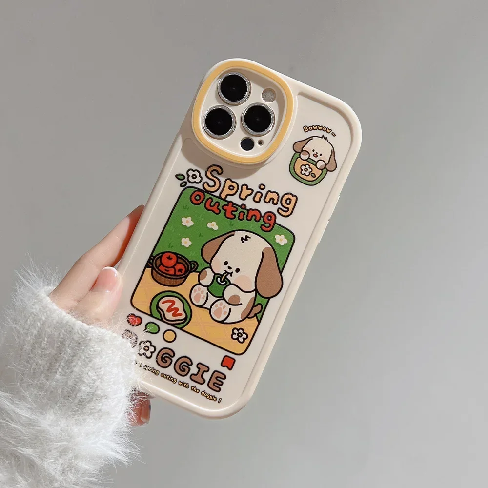 Retro spring picnic puppy dog art Kawaii Phone Case For iPhone 16 15 14 13 11 12 Pro Max 14 Plus XR Xs 15 Plus Case Cute Cover